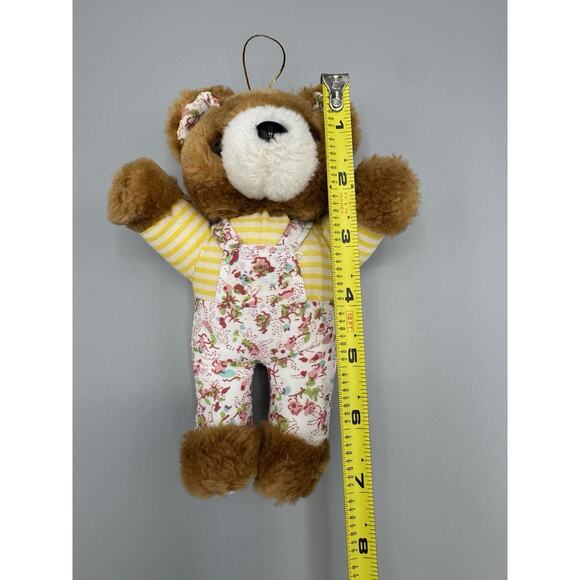Small Teddy Bear Plush Ornament 7 Inch Stuffed Animal Floral Overalls No Tag - Picture 3 of 4